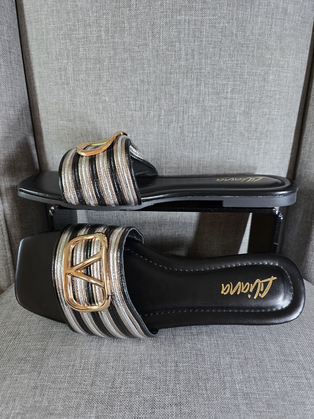 Liliana Women’s Metallic Silver, Black & Gold Slide Sandals – Size 10 – NIB